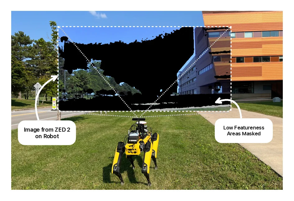 Quadruped robot outside Davis Hall with a visualization of reliable visual features