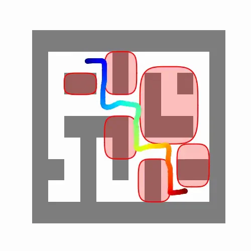 A safely sampled trajectory passing around obstacles in a narrow maze